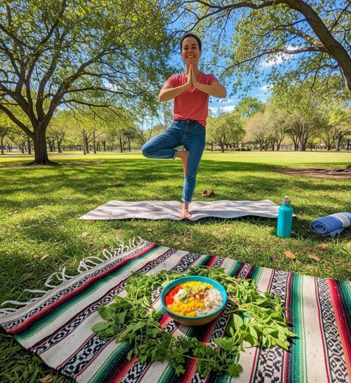 Happy person in Tree Pose on yoga mat in park with Ayurvedic food bowl.