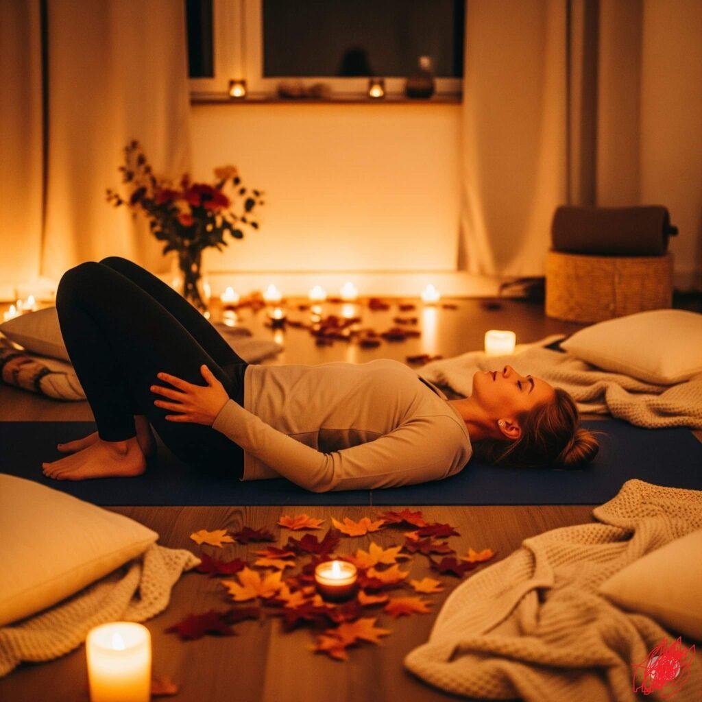 Supported Bridge Pose, cozy autumn