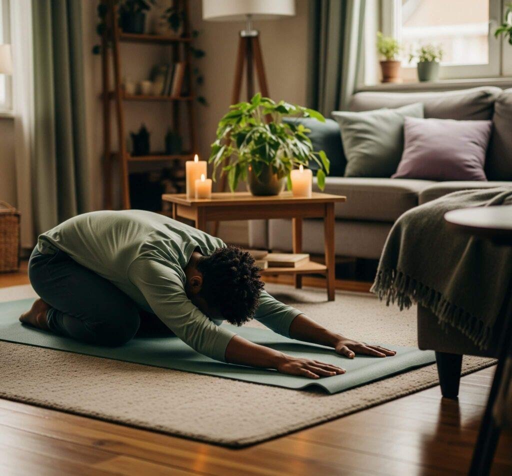 Child's Pose yoga in cozy living room