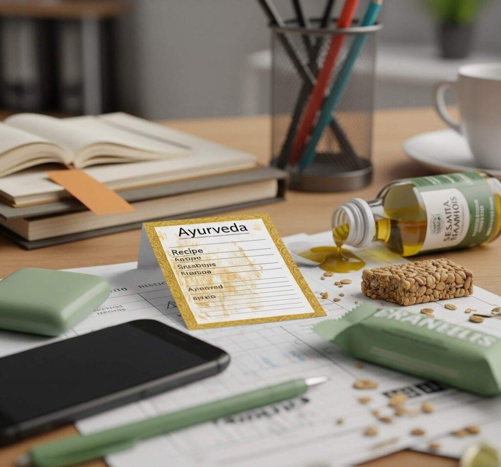 Cluttered desk with Ayurveda recipe, sesame oil, granola bar.