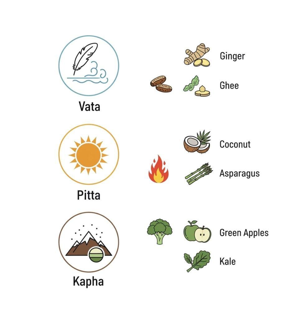 Ayurvedic Doshas: Vata, Pitta, Kapha infographic.