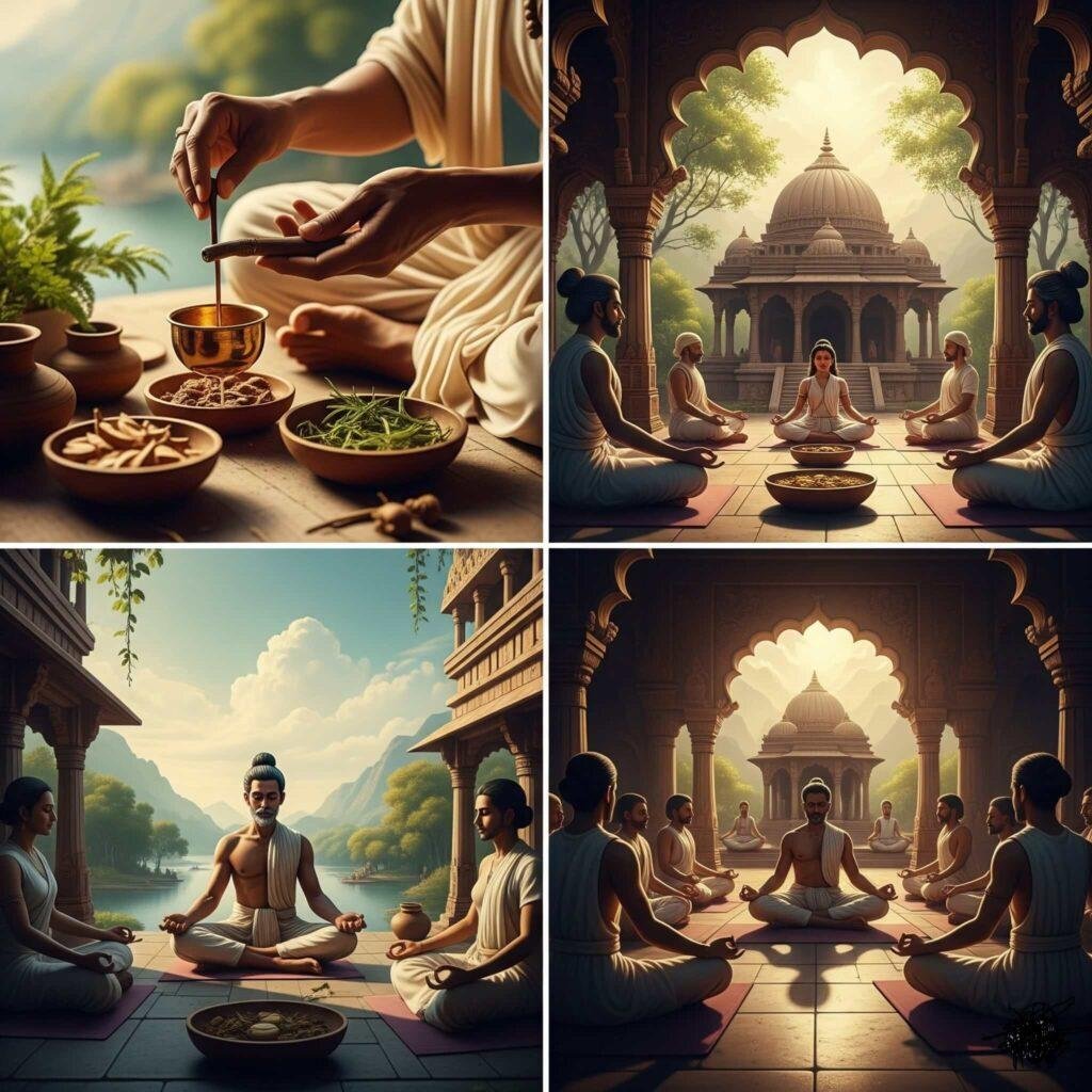Ancient Indian ancestors practicing Ayurveda and Yoga for stress relief.