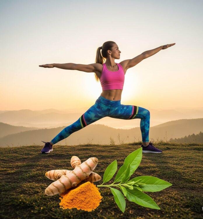 Sunrise Warrior II pose with turmeric and Ashwagandha.