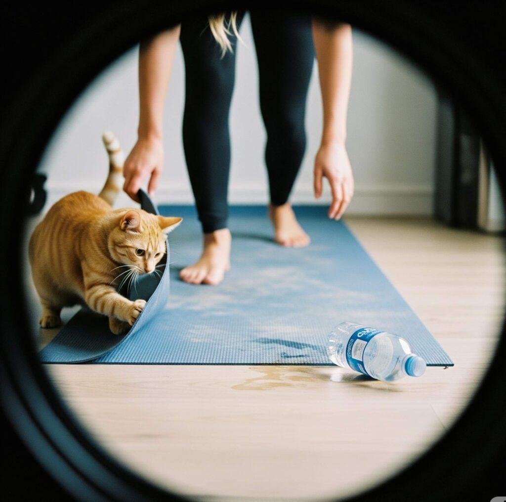 Yoga Chaos: Cat, Spills, and Mat.