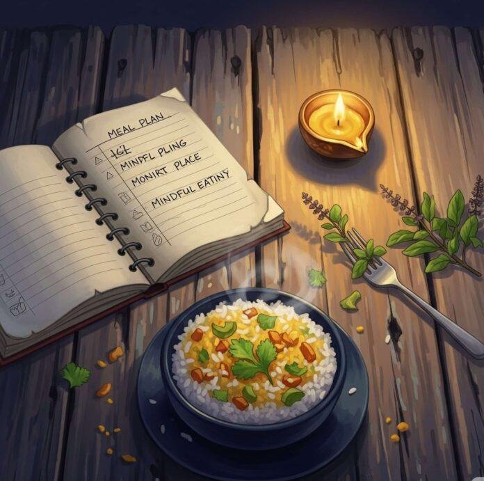 A worn wooden table with a steaming bowl of kitchari, a faded journal, and a lit ghee lamp.