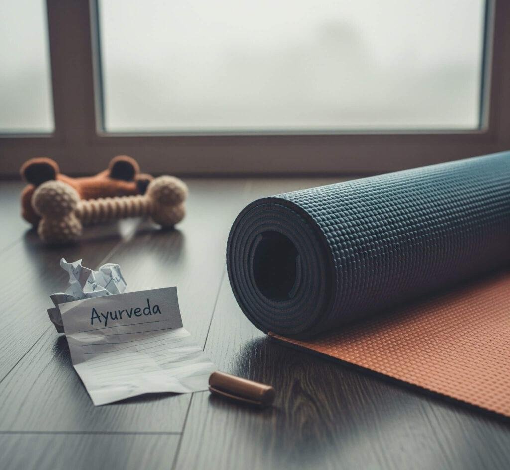 Vintage yoga mat, foggy window, crumpled note, dog toy.