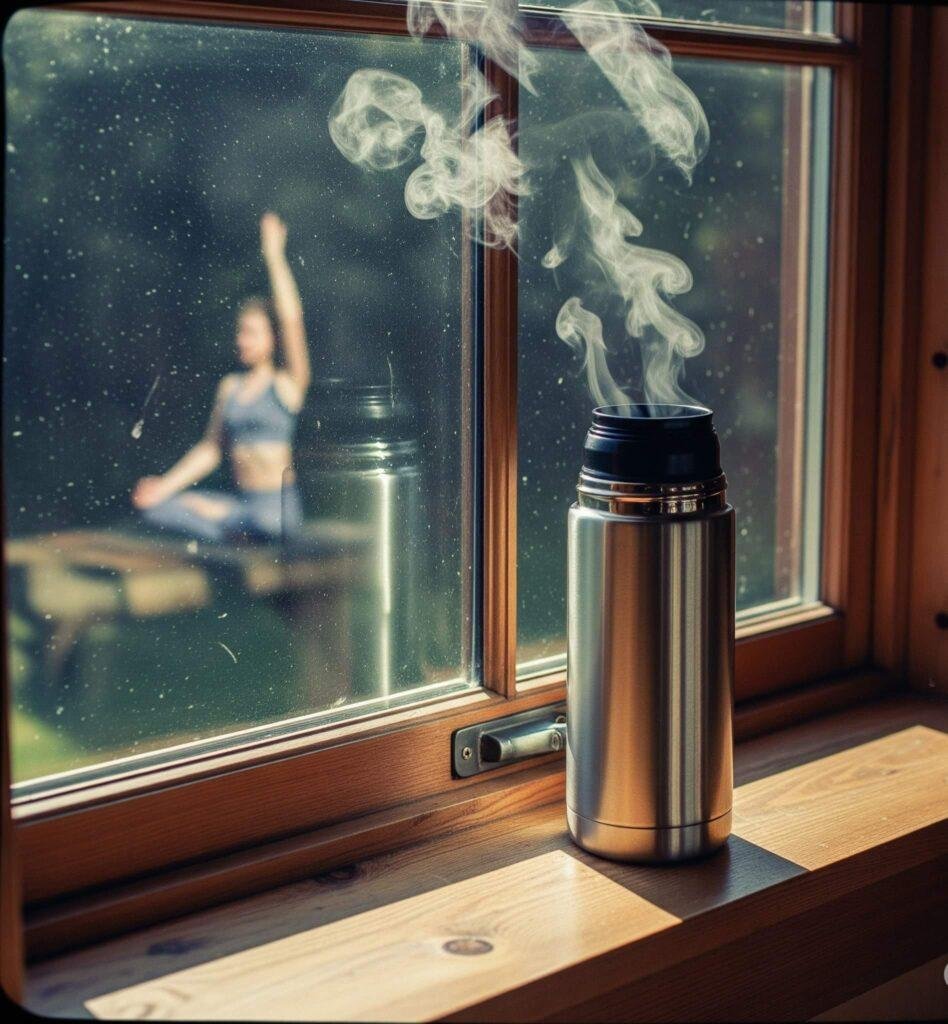 Vintage image of steaming Ayurvedic tea thermos with yoga reflection.