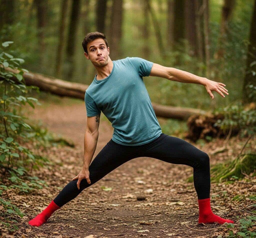 Yoga Warrior II pose forest trail