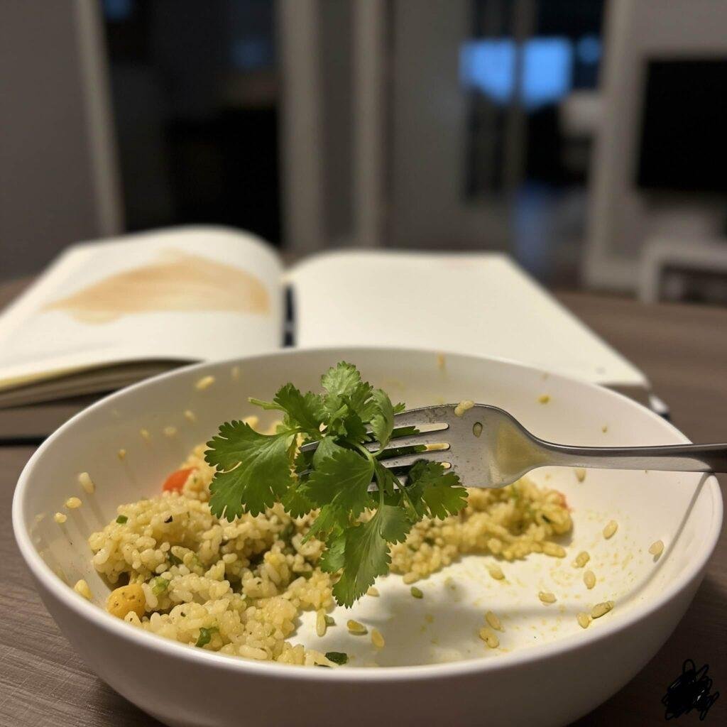 Half-eaten kitchari with tangled fork and journal.