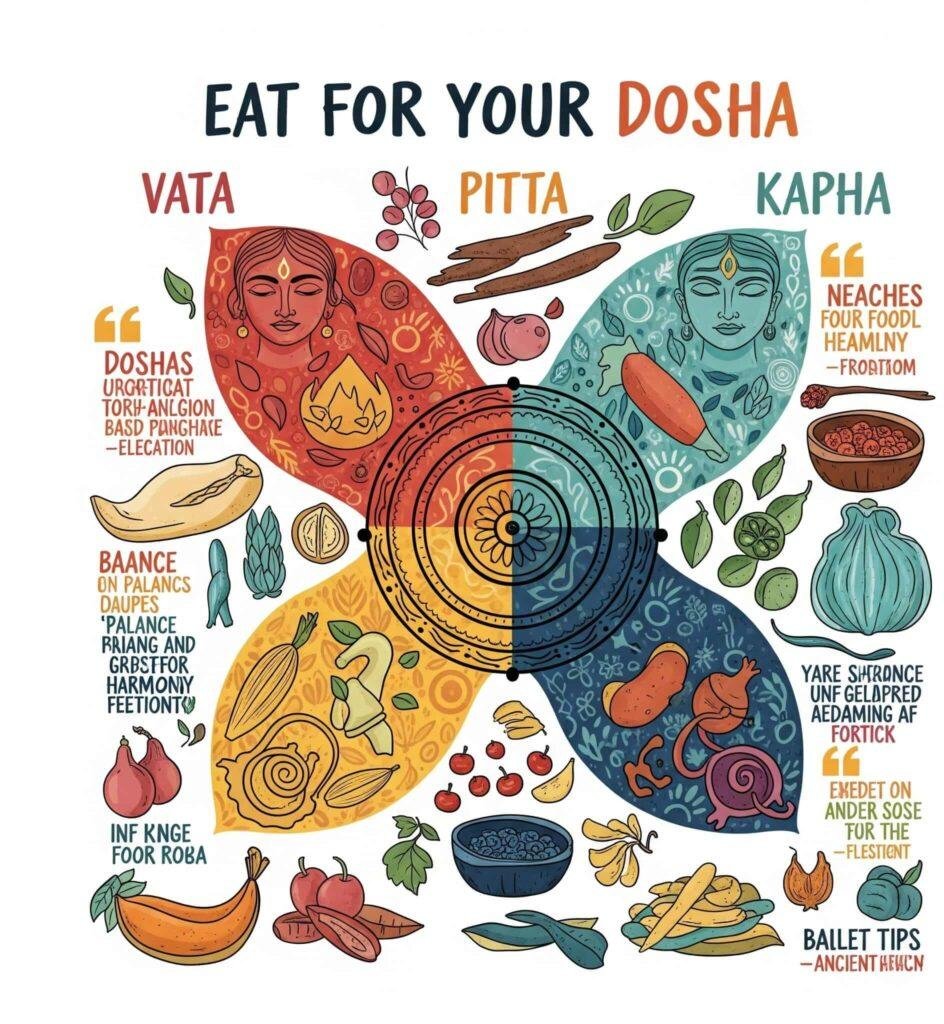 Eat for Your Dosha: Ayurvedic food guide for Vata, Pitta, and Kapha.