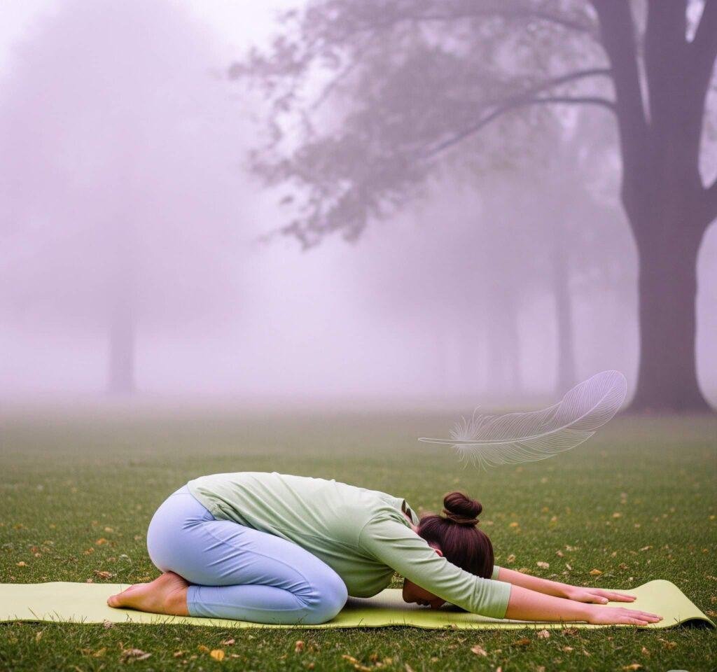 Person doing Child's Pose yoga in a misty park.