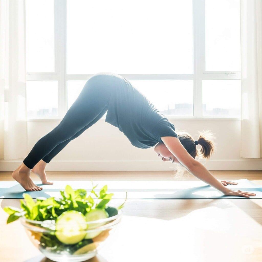 Downward dog near window with mint and cucumber.