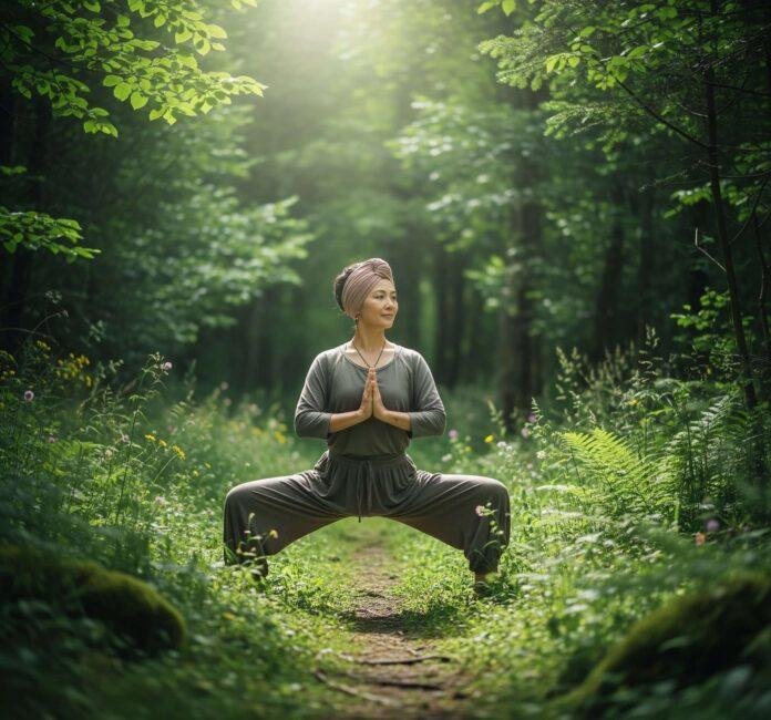 A serene woman practices yoga in nature amidst soft greens and earthy tones.