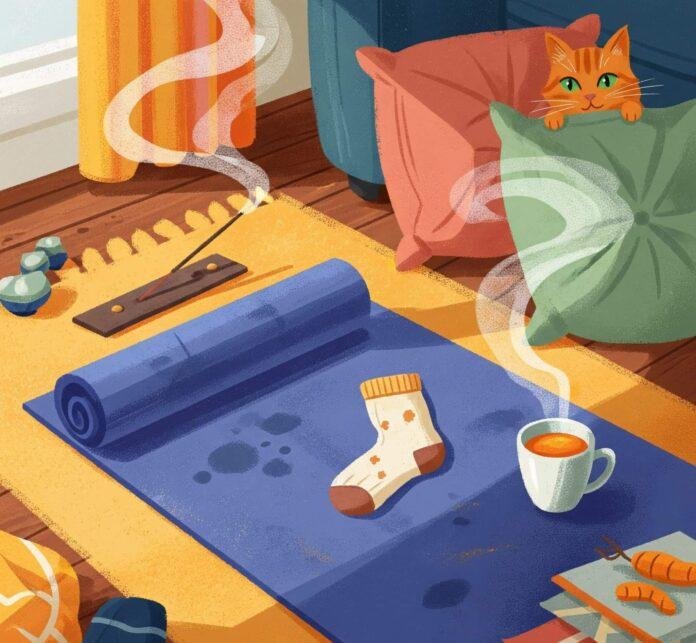 A cluttered yet serene yoga corner with a steaming tea and a curious cat.