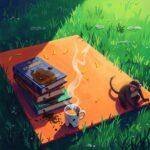 Customized Yoga Routines Based on Ayurvedic Dosha Types Impressionistic painting: yoga mat, books, chai, and monkey on dewy grass.