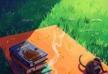 Customized Yoga Routines Based on Ayurvedic Dosha Types Impressionistic painting: yoga mat, books, chai, and monkey on dewy grass.