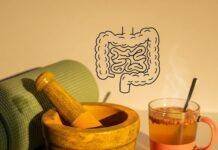 Yoga and Ayurveda for Digestive Health Turmeric mortar and pestle, yoga mat, ginger tea, and gut doodle.