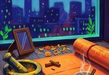 Integrating Ayurveda and Yoga into Modern Lifestyles Impressionistic painting: turmeric, yoga mat, chai, city skyline, marigolds.