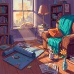 Yoga for Chronic Pain Management Impressionistic painting of a cluttered living room with a cat and sunrise.