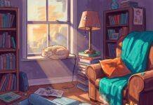 Yoga for Chronic Pain Management Impressionistic painting of a cluttered living room with a cat and sunrise.