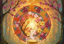 Seasonal Wellness: Adapting Ayurvedic and Yoga Practices Throughout the Year A frog meditating beside a tea mug and yoga mat in a forest.