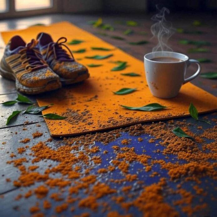 Turmeric-stained yoga mat, muddy shoes, steaming chai, scattered curry leaves, vibrant colors.