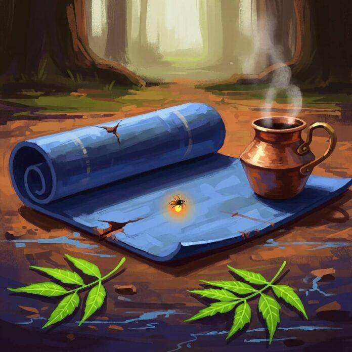 Beat-up yoga mat, steaming pot, neem leaves, and firefly in a forest.