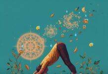 Seasonal Fitness: Adapting Yoga and Ayurvedic Practices Throughout the Year Impressionistic digital painting of a yogi in downward dog surrounded by autumn leaves and Ayurvedic herbs.