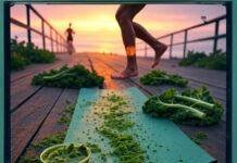 Personalized Fitness Plans Based on Ayurvedic Body Types Whimsical yoga mat on foggy SF pier, glowing dosha tattoo, spilling kale smoothie in vibrant teal and pink.