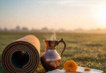 Mind-Body Connection: Using Yoga and Ayurveda to Enhance Mental Focus in Fitness Yoga mat, journal with marigold, and steaming vessel on dewy grass at sunrise.