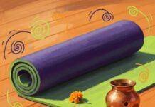 Detoxifying Through Movement: Ayurvedic Perspectives on Yoga and Exercise Impressionistic yoga mat, Ayurvedic pot, marigold petal, and swirling doodles.