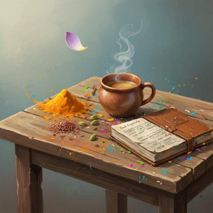 Ayurvedic mindful eating: spices, tea, journal, and a floating lotus petal.
