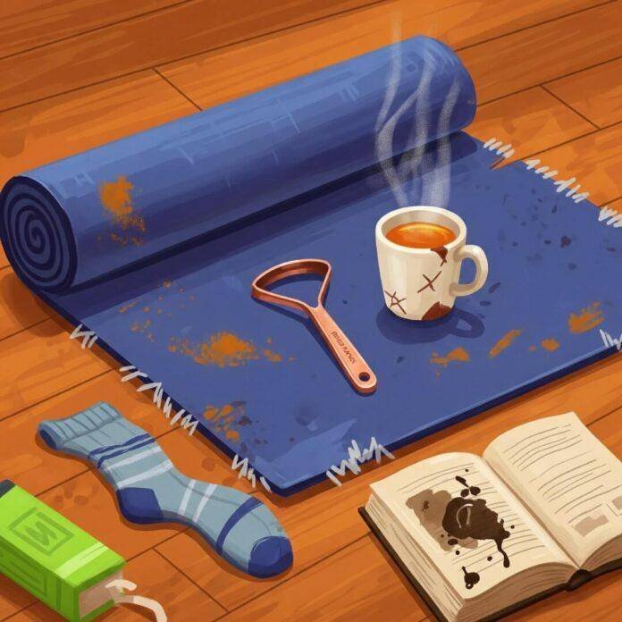 A vibrant digital painting of a messy yoga mat, tea, and book.
