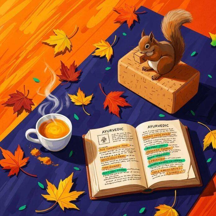 Impressionistic painting: Autumn yoga, turmeric tea, Ayurvedic text, and a squirrel.