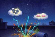 Enhancing Sleep Quality for Better Training Outcomes through Ayurveda and Yoga Rooftop yoga at night with vibrant herbs, protein bar, and dreamy clouds.