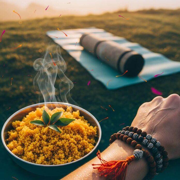 A bowl of turmeric quinoa, a runner's sweaty wrist with mala beads, and a yoga mat.
