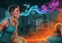 Mindful Breathing: Pranayama Techniques and Ayurvedic Practices for Enhanced Training Sweaty gym-goer with Ayurvedic symbols, a squirrel, and vibrant colors.