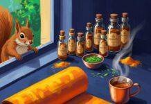 Integrating Ayurvedic Daily Routines (Dinacharya) with Yoga Training for Optimal Health Turmeric-stained yoga mat, Ayurvedic oils, tea, and a squirrel.