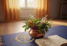 Building Resilience: Combining Yoga and Ayurveda for Injury Prevention in Fitness Yoga mat with turmeric, Ayurveda pot, journal, and sesame seeds.