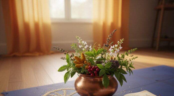 Building Resilience: Combining Yoga and Ayurveda for Injury Prevention in Fitness Yoga mat with turmeric, Ayurveda pot, journal, and sesame seeds.