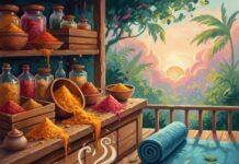 Personalized Health: Tailoring Ayurveda and Yoga Practices to Individual Constitutions An Ayurvedic spice stall with a yoga mat and journal on a porch.