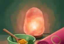 Detoxifying Your Lifestyle: Ayurvedic Cleansing Techniques Impressionistic digital painting of turmeric, yoga mat, salt lamp, and curry leaf.