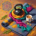 Incorporating Ayurvedic Principles into Modern Fitness Training Impressionistic digital painting of yoga mat, kettlebell, chai, and mandala.
