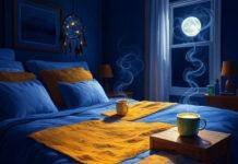 Enhancing Sleep Quality with Ayurvedic and Yogic Practices Cozy bedroom with indigo bed, saffron blanket, steaming turmeric milk, glowing dreamcatcher under moonlight.