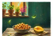 Mindful Eating: Applying Ayurvedic Concepts to Modern Diets Impressionistic digital painting of a vibrant food blogger's table.