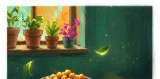 Mindful Eating: Applying Ayurvedic Concepts to Modern Diets Impressionistic digital painting of a vibrant food blogger's table.