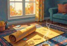 Building Resilience: Yoga and Ayurveda for Mental Health Impressionistic digital painting of a messy living room with a yoga mat and tea.