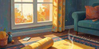 Impressionistic digital painting of a messy living room with a yoga mat and tea.