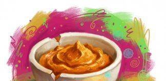 Impressionistic digital painting of turmeric paste, hibiscus petals, and an oil lamp.