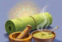 The Role of Fasting in Ayurveda and Yoga Impressionistic digital painting of a turmeric mortar and pestle, kitchari, and yoga mat.